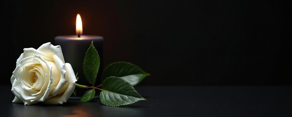 White rose and lit candle on dark background. This symbol of remembrance conveys peace, love, and loss. Use for memorial, funeral or spiritual themes with ample copy space.