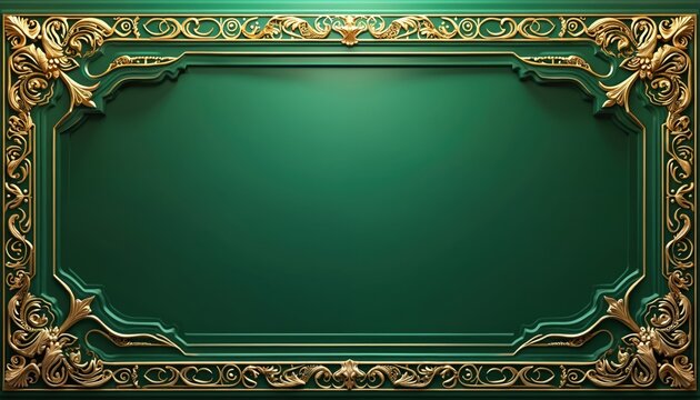 Emerald green backdrop with elegant golden border decoration. Luxury frame for Ramadan greeting card or Islamic holiday template. Suitable for banner poster design with space for text and copy.