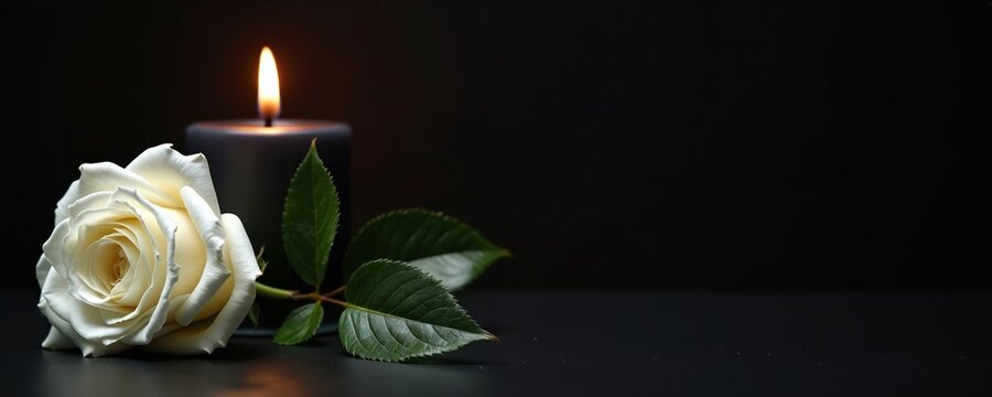 White rose and lit candle on dark background. This symbol of remembrance conveys peace, love, and loss. Use for memorial, funeral or spiritual themes with ample copy space.