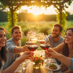  Friends Toasting with Red Wine at an Outdoor Dinner at Sunset
