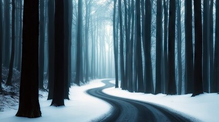 A scenic view of a winding road through a snow-covered forest, with tall trees and a foggy atmosphere, creating a serene and mysterious ambiance.