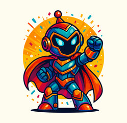 Colorful Superhero Robot Mascot with Cape Raising Hand in Festive Celebration