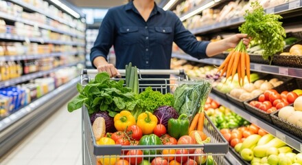 A woman shops for fresh produce, filling her cart with vibrant veggies for healthy cooking.