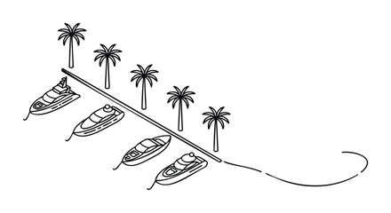 Collection of luxury yachts and jet skis moored along a tropical coastline with palm trees, perfect for travel and leisure promotion