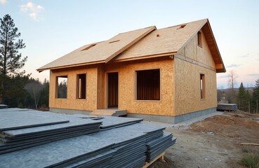 Exterior view of house construction made from panels on construction site. Modern house building in progress. Stacked construction panels lie on ground near building. Prefab home assembly.