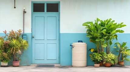 Front entrance with a light blue wooden door a two tone wall varied potted plants and a large beige water cooler