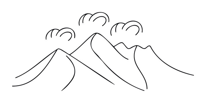 Simple black line drawing of majestic mountains with clouds for a minimalist nature scene perfect for graphic design and environmental themes.