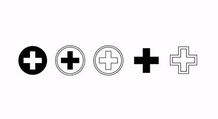 Different variations of plus sign icons in black and white on a plain white background design layout