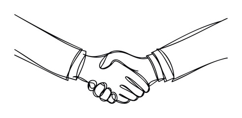 Two hands shaking in agreement or partnership, a simple line drawing symbolizing trust and successful business deals, perfect for corporate communications and professional services