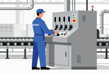 A person in a blue jumpsuit operates a machine on an assembly line. Conveyor belts and pipes are in the background
