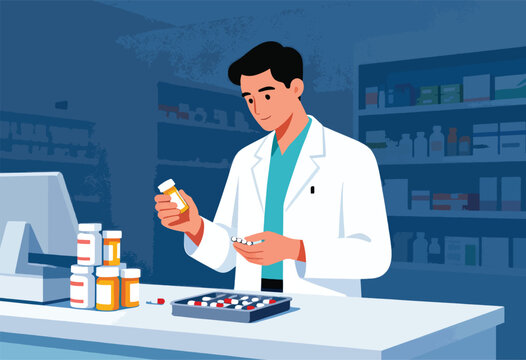 A pharmacist in a white coat examines pills and medicine bottles at a counter in a pharmacy. Shelves behind