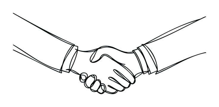 Two hands shaking in agreement or partnership, a simple line drawing symbolizing trust and successful business deals, perfect for corporate communications and professional services