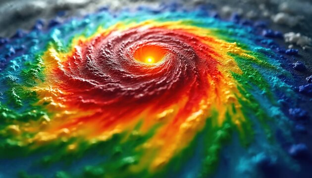 Colorful spiral weather map visualizes hurricane path with red core. Storm intensity shown by rainbow spectrum over dark ocean surface. Meteorological data predicts severe weather system.