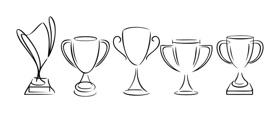 Collection of five diverse trophy outlines, celebrating achievement and success, perfect for awards, sports, or recognition themes in marketing and design projects.