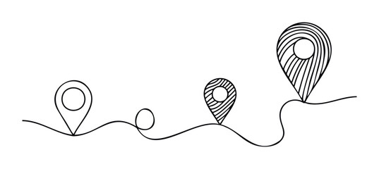 Simple black line art showing a wavy route connecting three destination markers, perfect for representing travel plans or progress in presentations and web graphics.