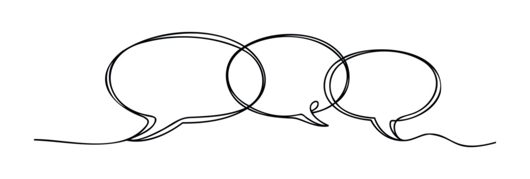 Three linked speech bubbles drawn with a single continuous line, representing conversation and communication, perfect for messaging apps or dialogue graphics.