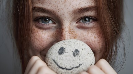 Young freckled girl holding a painted smiley face rock
