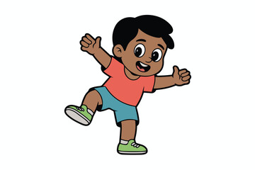 Fototapeta premium Cheerful cartoon boy, arms raised, one leg lifted, smiling brightly. Outlined in black on a white background