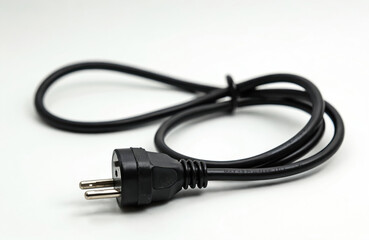 Black electric plug with coiled wire lies on white background. Power cord for home appliances, tech devices. Cable connects, supplies electricity. Essential tool for power connection, energy source,