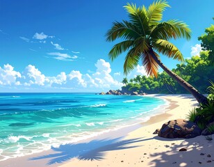 Animated scene of a beach with crystal-clear turquoise water. A palm tree leans over the sandy shore, with clouds in the blue sky