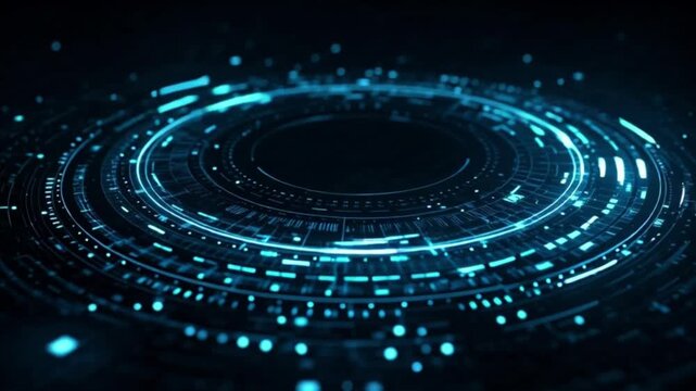 Futuristic Digital Abstract Circle with Glowing Blue Lights and Particles on a Dark Background