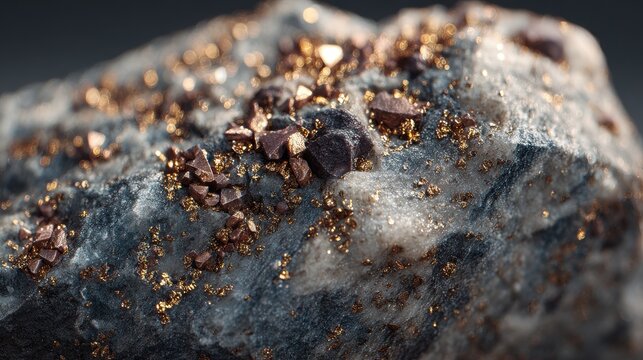 Close-up of a mineral rock with pyrite crystals, sparkling gold inclusions, and textured surface.