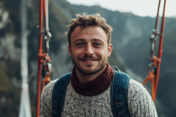 Generative AI image of a smiling person enjoying extreme bungee jumping adventure with scenic mountain landscape behind