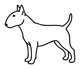 Simple line drawing of a bull terrier dog standing profile view in black and white, perfect for pet branding and animal related websites.