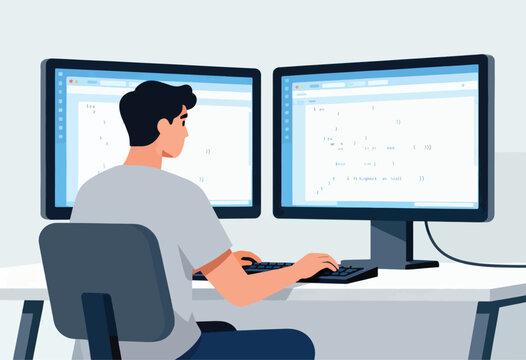 An illustration depicting a person working on code on dual monitors, seated, at a desk