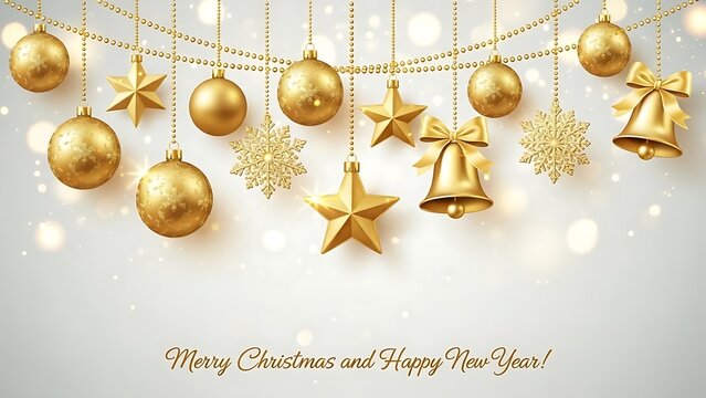 Golden christmas decorations with baubles, bells, and stars hanging on a string isolated on white background
