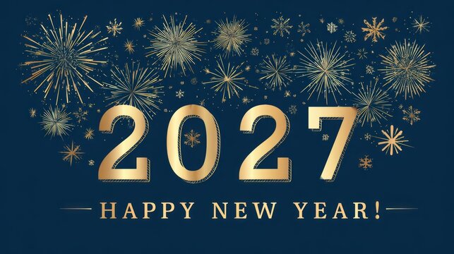 Happy New Year 2027 Celebration with Golden Fireworks on Blue Background.