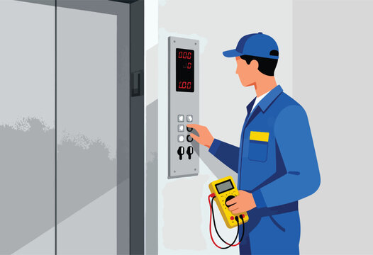 Technician in blue workwear uses a multimeter near elevator control panel and elevator door