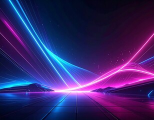 Neon abstract scene with bright glowing lines and a reflective surface
