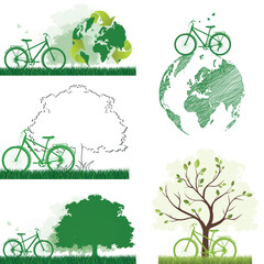 Green bicycle on the globe. Collection. Bicycle on the grass next to a tree silhouette on a white background.