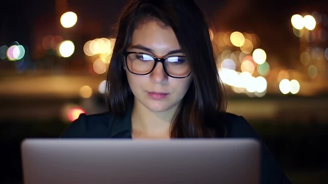 Night Owl's Digital Embrace: A focused woman, illuminated by the glow of a laptop screen, intensely engages with her work in the evening, highlighting the dedication and commitment.