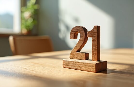 Wooden number 21 stands on wooden table in light interior near window. Symbol represents age, date, restaurant table number or achievement. Simple background with chair and plant.