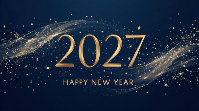 Happy New Year 2027 Celebration with Golden Numbers and Sparkling Dust.
