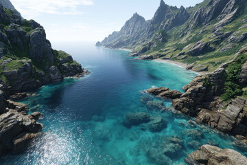 Scenic coastal view with rocky cliffs and clear turquoise waters on a sunny day