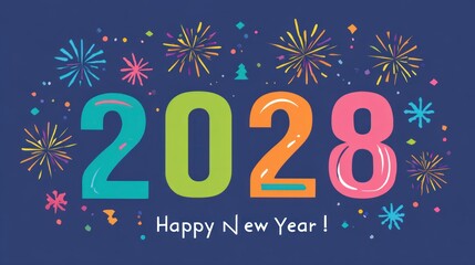 Happy New Year 2028 Celebration with Colorful Fireworks and Festive Design.