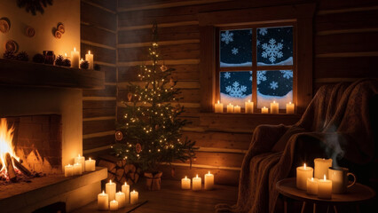 Rustic log cabin interior with a cozy fireplace, sparkling Christmas tree, and soft candlelight, creating a tranquil winter holiday atmosphere