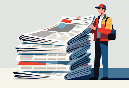 A person in a hat and carrying a satchel stands next to a stack of newspapers, holding one open