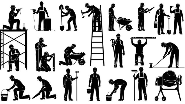 Construction workers in action: Vector silhouettes of builders, repairs, and renovation professionals at work, perfect for illustrating home improvement projects - Powered by Adobe