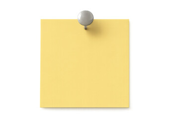Yellow blank sticky note with pushpin attached, ideal for memo, reminder, message, or important information on transparent background