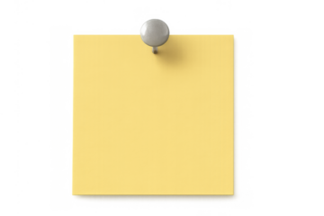 Yellow blank sticky note with pushpin attached, ideal for memo, reminder, message, or important information on transparent background