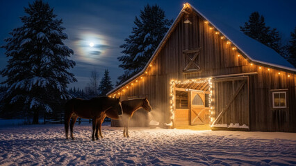 Snow-Kissed Winter Wonderland Horses Near a Warmly Lit Barn Beneath a Luminous Full Moon