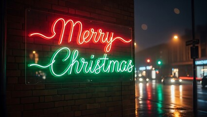 Festive Neon Glow - Merry Christmas Sign on a Rainy Night.