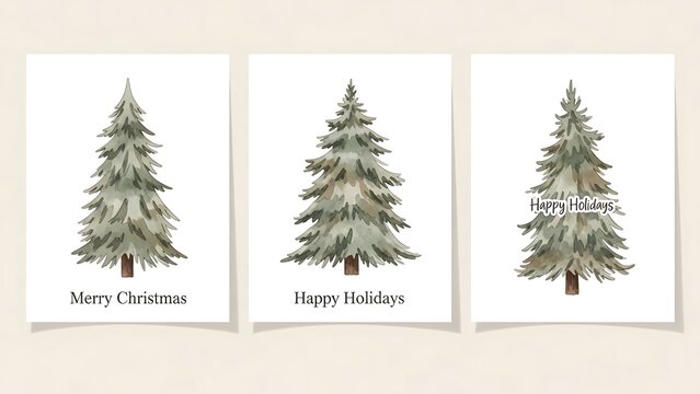 Three christmas cards with green pine trees and festive holiday messages on white background