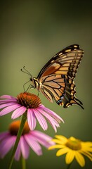 Naklejka premium Butterfly perched on a pink coneflower with yellow flowers in background