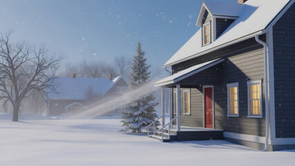 Cozy snow-covered house braves a strong winter storm with swirling snow and cold winds in a serene, frosted landscape