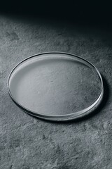 Minimalist Empty Glass Petri Dish on Textured Dark Gray Surface, Scientific Laboratory Still Life.